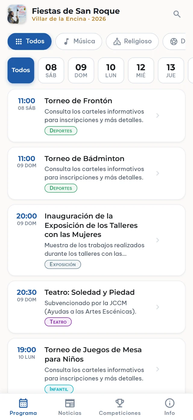 Programa de las Fiestas de San Roque en Villancina, filtrable por día y categoría