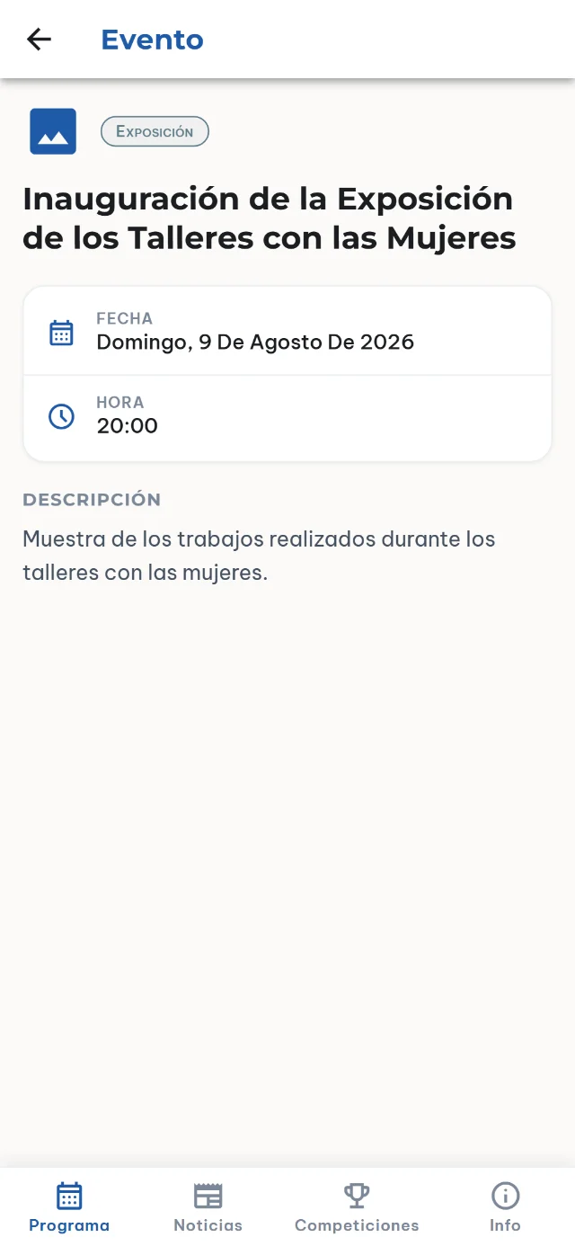 Ficha de un evento en Villancina con fecha, hora y descripción