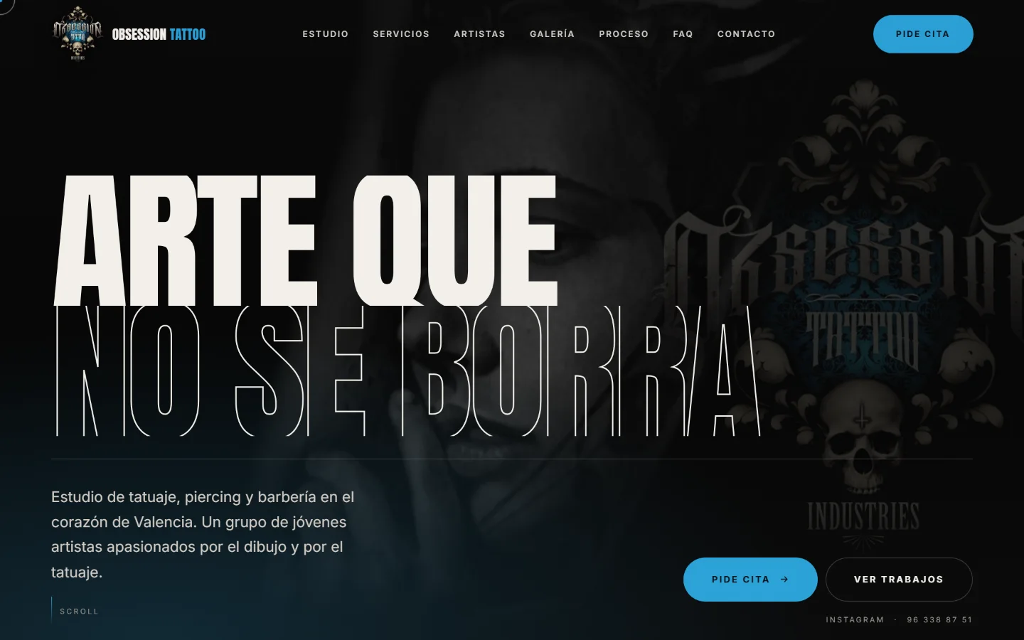 Portada de la web de Obsession Tattoo con el titular «Arte que no se borra»