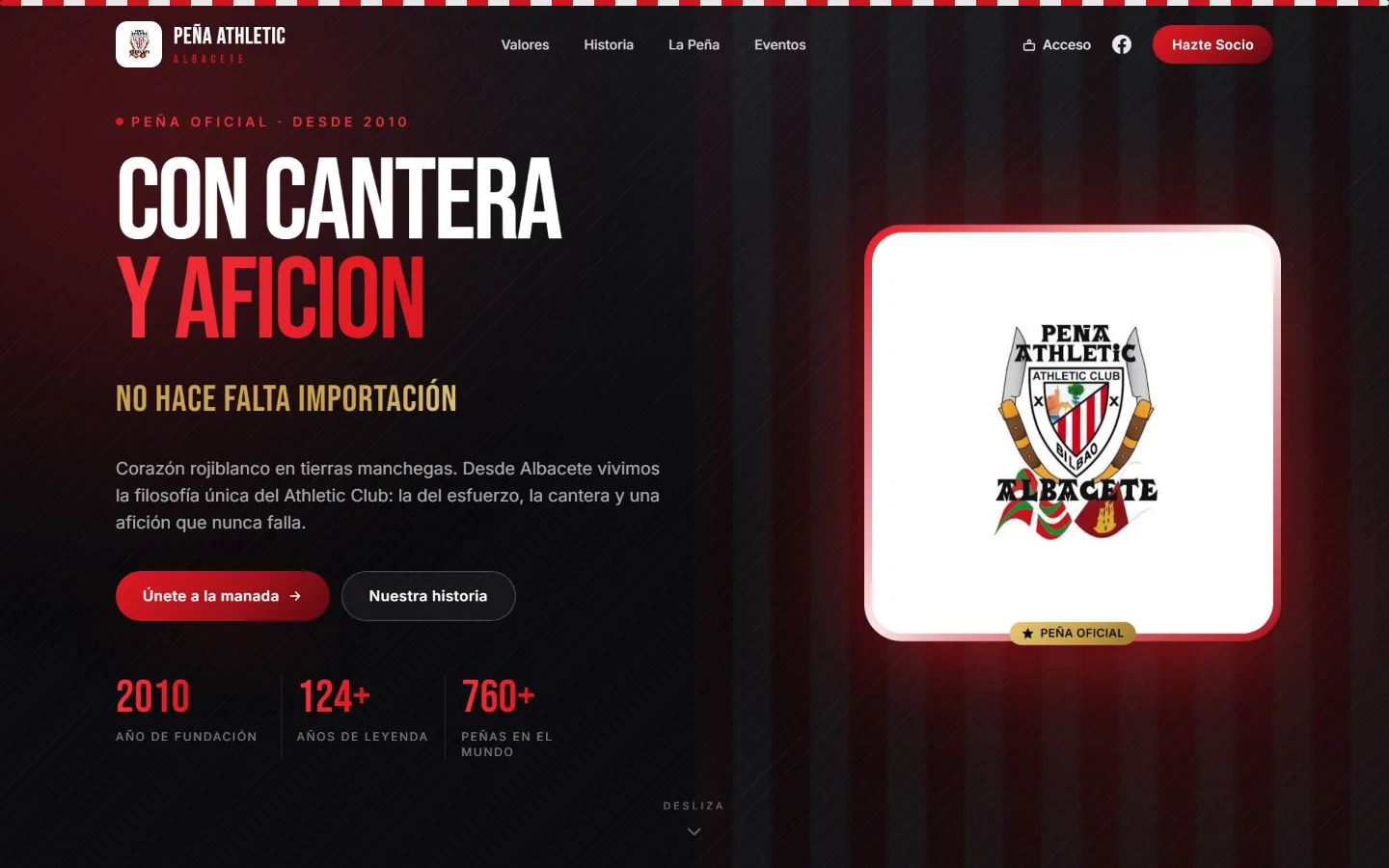 Portada de la web de la Peña Athletic Albacete con el lema «Con cantera y afición»
